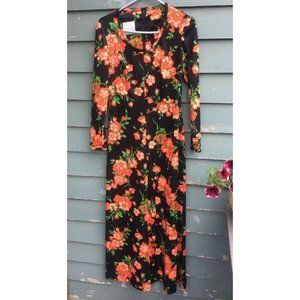Vintage Maxi Dress black floral long sleeve Lerok Polyester modest day dress